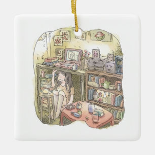 さやれれじ お部屋の隅っこの作業机の下に潜り込んで座る女性のイラスト CERAMIC ORNAMENT