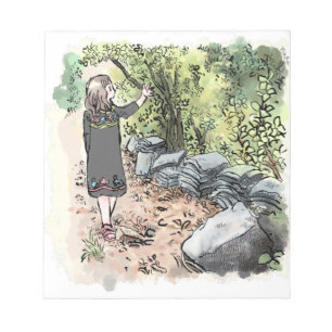 されいいじ 古い瓦が積んである日本の田舎道を散策する女性の水彩イラスト NOTEPAD