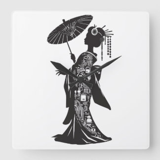 アクリル壁時計、芸者シルエット SQUARE WALL CLOCK