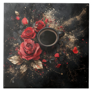 「コーヒーに赤い薔薇を添えて」　黒色系背景　コーヒーブレイク CERAMIC TILE