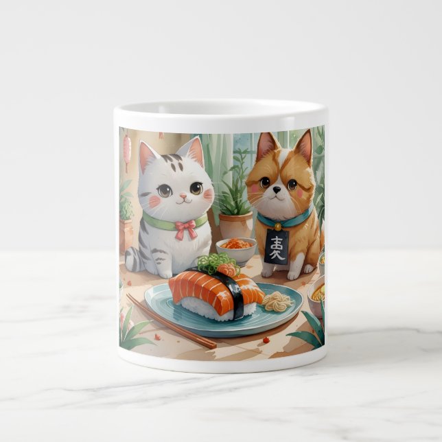 「仲良し猫の寿司時間（Cat Friends' Sushi Time）」 Large Coffee Mug (Front)