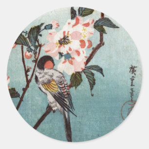 八重桜に鳥, 広重 Cherry Blossom & Bird, Hiroshige, Ukiyoe Classic Round Sticker