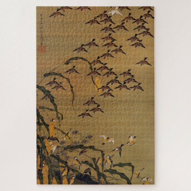 動植綵絵(4)秋塘群雀図, 伊藤若冲 JIGSAW PUZZLE (Vertical)