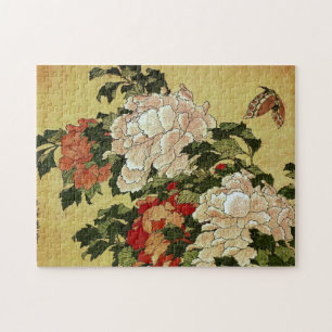 北斎 Hokusai Peonies & Butterflies Fine Art Jigsaw Puzzle