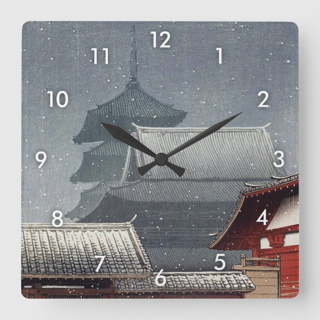 四天王寺, Shitennō-ji in Osaka, Hasui Kawase, Woodcut Square Wall Clock (Front)