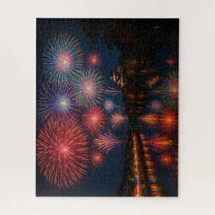 夏夜の花火と川面の灯り / Fireworks Reflected on Summer River Jigsaw Puzzle