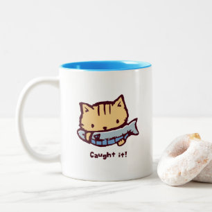 大きなお魚ゲット! Big Catch! Cute Kitten with a Fish Two-Tone Coffee Mug