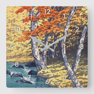 奥入瀬の秋, Autumn at Oirase, Hasui Kawase, Woodcut Square Wall Clock