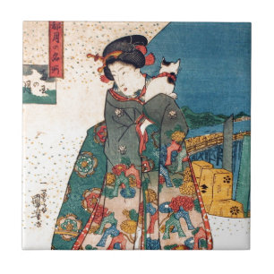 少女と猫, 国芳 Girl with Cat, Kuniyoshi, Ukiyo-e Ceramic Tile