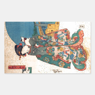 少女と猫, 国芳 Girl with Cat, Kuniyoshi, Ukiyo-e Rectangular Sticker