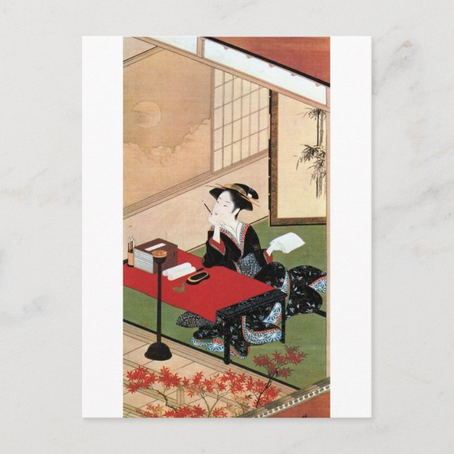 手紙を書く女, 春章 Woman Writing a Letter, Shunsho Postcard (Front)