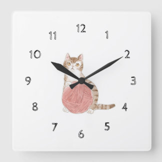 文字 カスタマイズ 猫と毛糸玉 by:Siori.K アクリル壁時計 Square Wall Clock