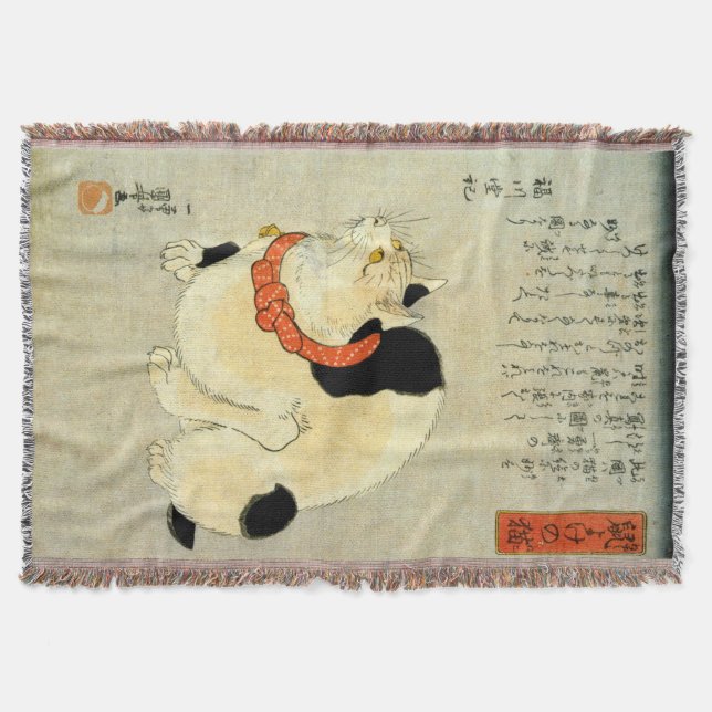 日本猫, 国芳 Japanese Cat, Kuniyoshi, Ukiyo-e Throw Blanket (Front)