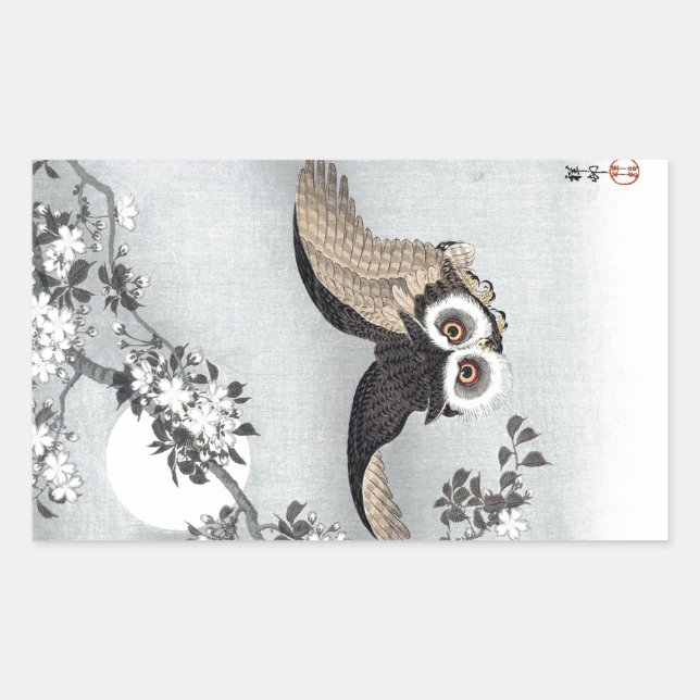 月とフクロウ, 古邨 Flying Owl & Moon, Koson, Ukiyo-e Rectangular Sticker (Front)