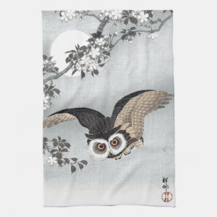 月とフクロウ, 古邨 Flying Owl & Moon, Koson, Ukiyo-e Tea Towel