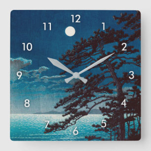 月の二宮海岸, 川瀬巴水 Moon at Ninomiya Beach, Hasui Kawase Square Wall Clock