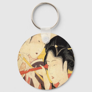 望遠鏡を覗く女, 北斎 Girl with Telescope, Hokusai, Ukiyo-e Key Ring