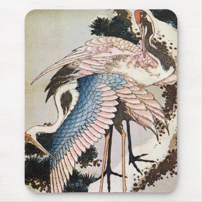 松に鶴, 北斎 Cranes on Pine Tree, Hokusai, Ukiyo-e Mouse Pad (Front)