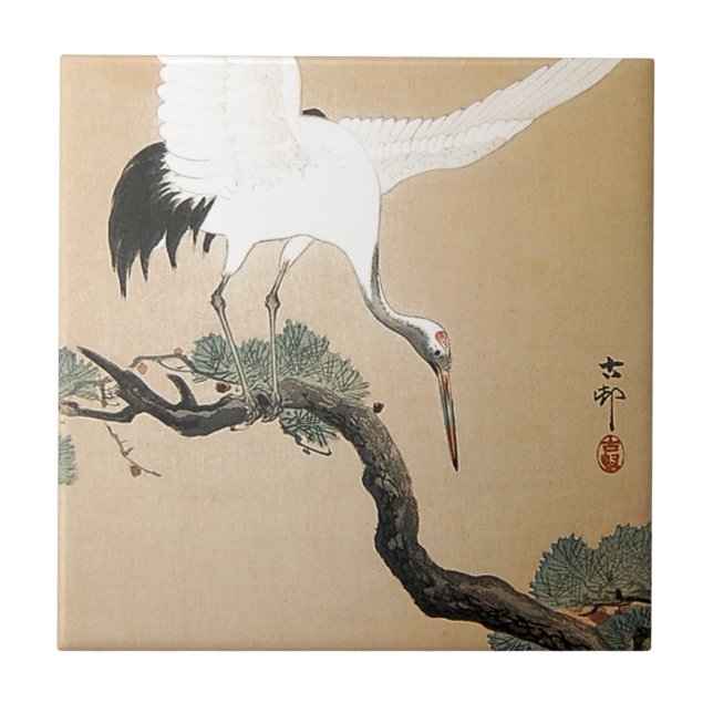 松に鶴, 古邨 Crane on Pine Tree, Koson, Ukiyo-e Tile (Front)