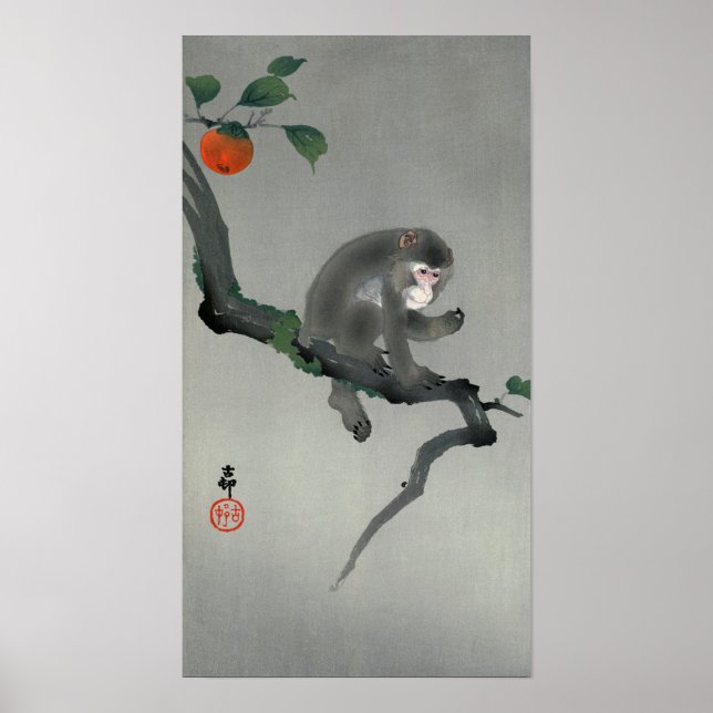 柿に猿, 古邨 Monkey on Persimmon tree, Ohara Koson Poster (Front)