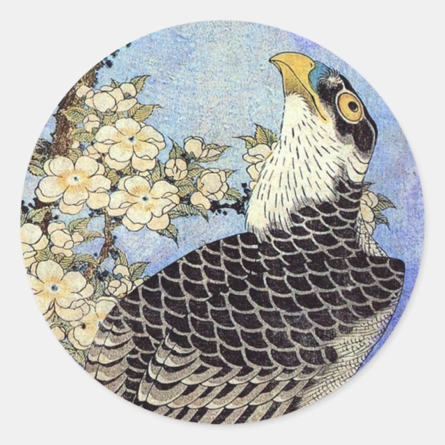 桜にハヤブサ, Falcon & Cherry Blossoms, Hokusai, Ukiyo-e Classic Round Sticker (Front)