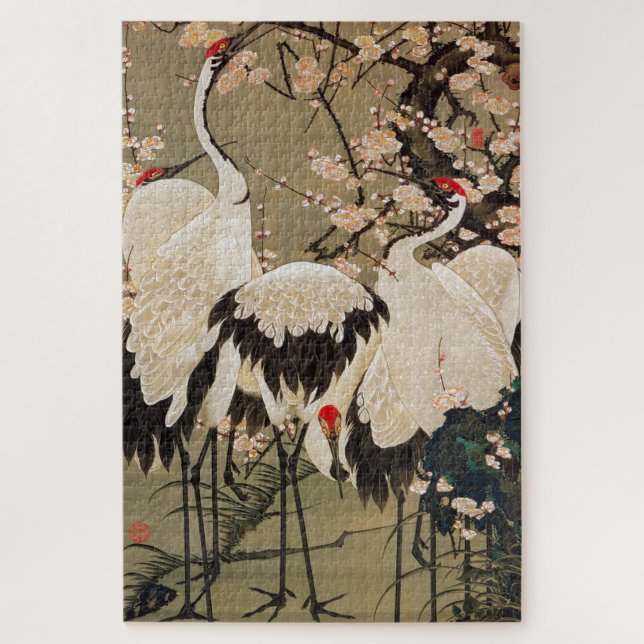 梅花群鶴図, 若冲 Plum Blossoms & Cranes, Jakuchū Jigsaw Puzzle (Vertical)