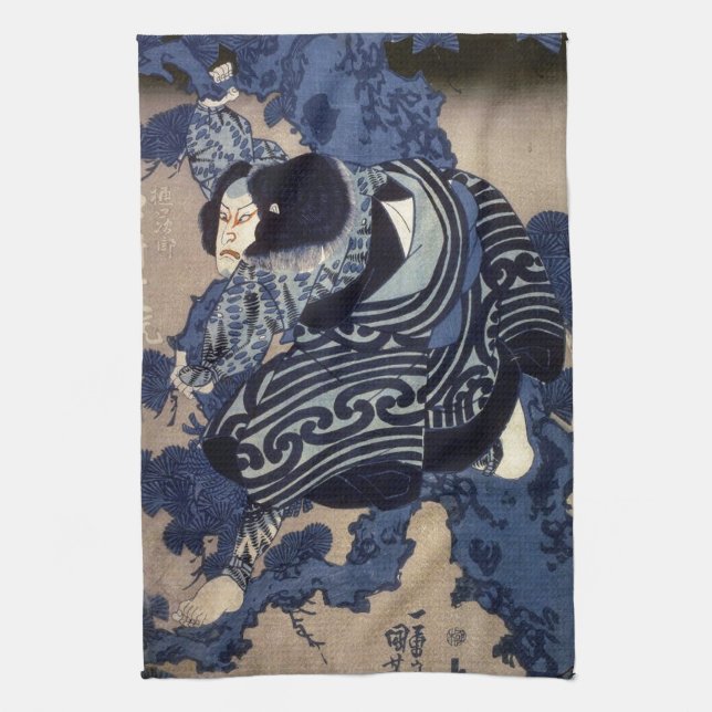 歌舞伎役者, 国芳 Kabuki Actor, Kuniyoshi, Ukiyo-e Tea Towel (Vertical)