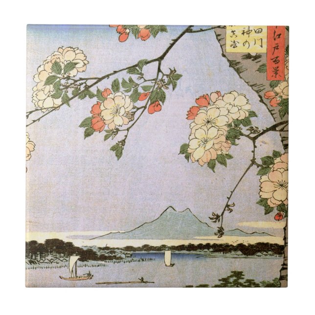 江戸の桜, 広重 Cherry Blossoms of Edo, Hiroshige, Ukiyoe Ceramic Tile (Front)