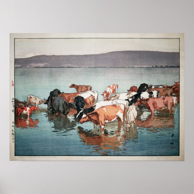 沼崎牧場の昼, Cows, Hiroshi Yoshida, Woodcut Poster (Front)