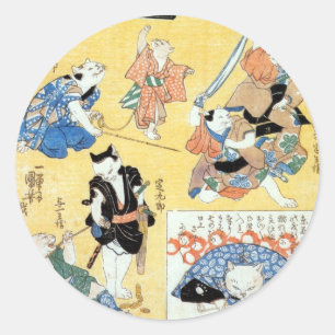 流行猫の狂言づくし, 国芳 Actors of The Cat, Kuniyoshi, Ukiyoe Classic Round Sticker