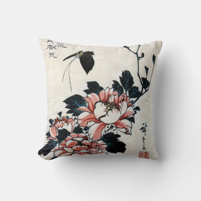 牡丹に蝶, 広重 Peonies and Butterfly, Hiroshige, Ukiyo-e Cushion (Front)