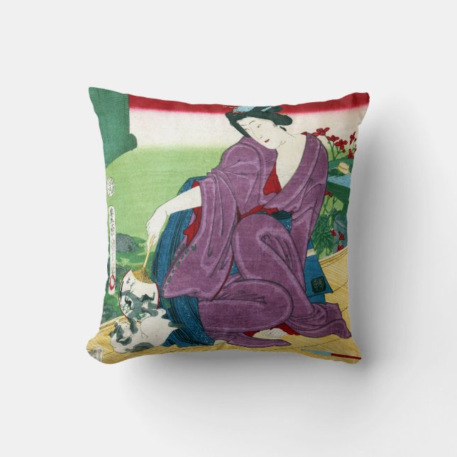 猫と女, 国周 Cat and Woman, Toyohara Kunichika, Ukiyo-e Cushion (Front)