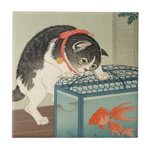 猫と金魚, 古邨 Cat & Goldfish, Koson, Ukiyo-e Ceramic Tile