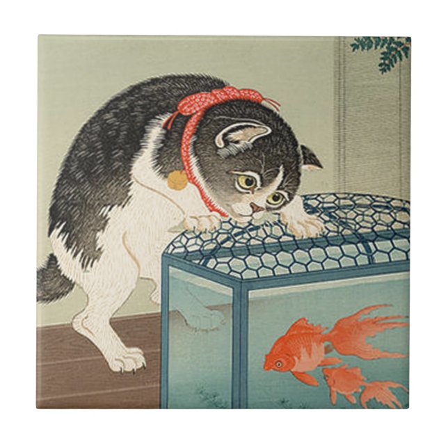 猫と金魚, 古邨 Cat & Goldfish, Koson, Ukiyo-e Ceramic Tile (Front)