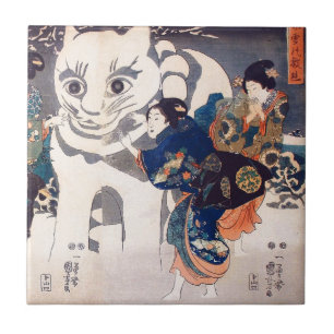 猫の雪だるま,国芳  Big Cat Snowman, Kuniyoshi, Ukiyo-e Ceramic Tile
