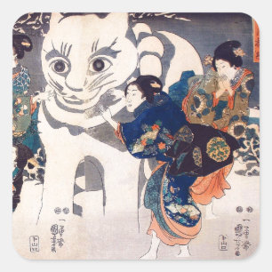 猫の雪だるま,国芳  Big Cat Snowman, Kuniyoshi, Ukiyo-e Square Sticker