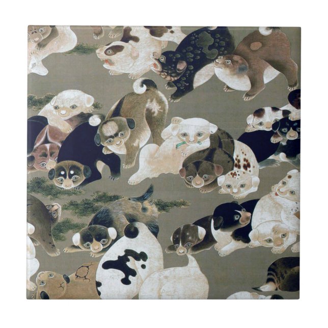 百犬図, 伊藤若冲 Hundred Dogs, Itō Jakuchū Ceramic Tile (Front)