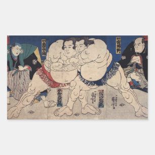 相撲, 国芳 Sumo Wrestling, Kuniyoshi, Ukiyo-e Rectangular Sticker