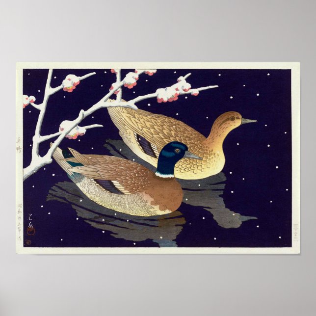 真鴨, Mallard Ducks, Hasui Kawase, Woodcut Poster (Front)