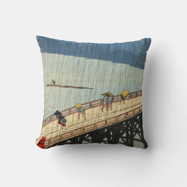 突然の雨, 広重 Sudden Rain, Hiroshige, Ukiyo-e Cushion (Front)