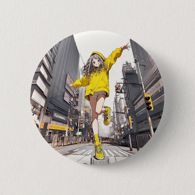 缶バッジ Happy! Yellow JK badge｜寿司娘 GenerativeAI 6 Cm Round Badge (Front)