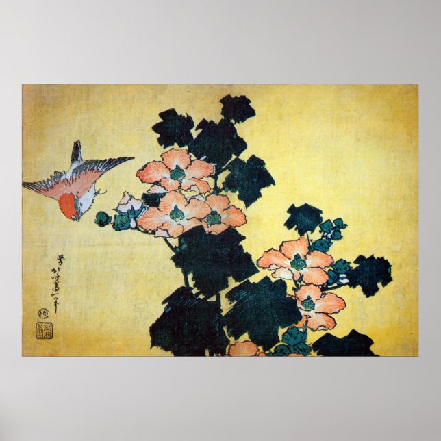 芙蓉に雀, 北斎 Hibiscus Mutabilis and Sparrow, Hokusai Poster (Front)