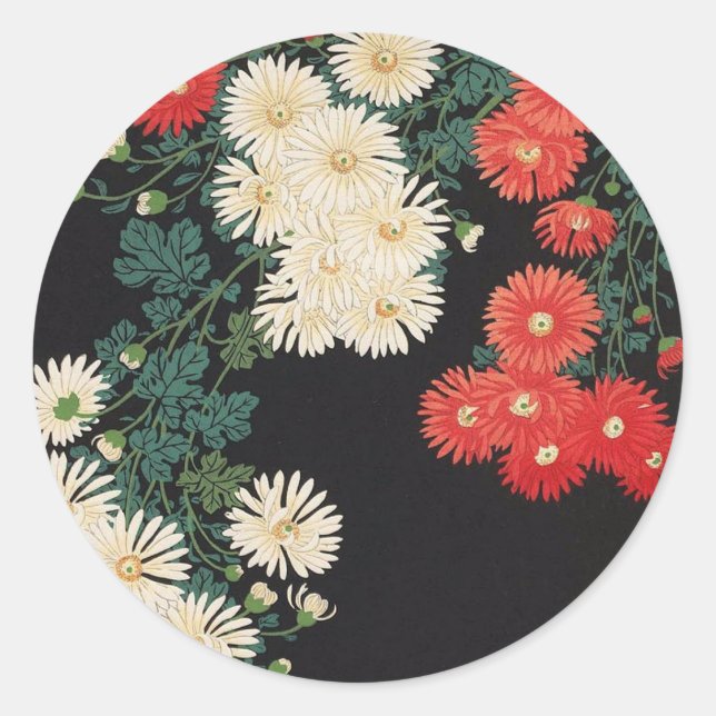 菊に流水, 古邨 Chrysanthemums & Stream, Koson, Ukiyo-e Classic Round Sticker (Front)
