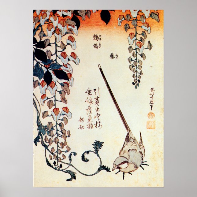 藤にセキレイ, 北斎 Wagtail and Wisteria, Hokusai, Ukiyo-e Poster (Front)