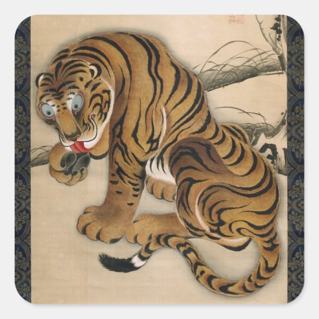 虎図, 若冲 Tiger, Jakuchu Square Sticker (Front)