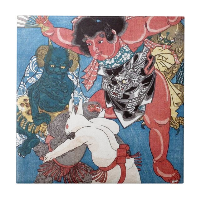 金太郎と動物,国芳 Kintaro & Animals, Kuniyoshi, Ukiyo-e Ceramic Tile (Front)