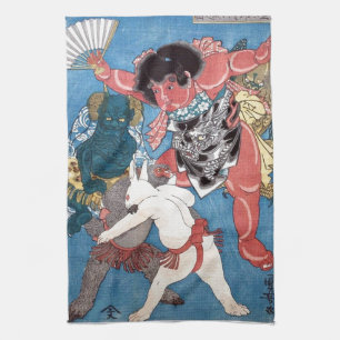 金太郎と動物,国芳 Kintaro & Animals, Kuniyoshi, Ukiyo-e Tea Towel