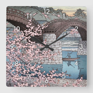 錦帯橋の春宵, Spring at Kintai Bridge, Hasui Kawase Square Wall Clock