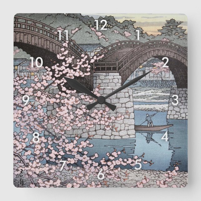 錦帯橋の春宵, Spring at Kintai Bridge, Hasui Kawase Square Wall Clock (Front)