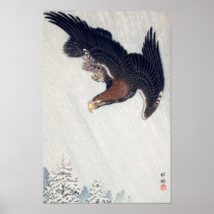 雪に鷲, 古邨 Eagle Flying in Snow, Ohara Koson, Woodcut Poster